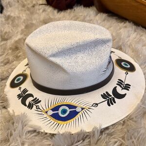 White Wide Brim Hat with Eye Design